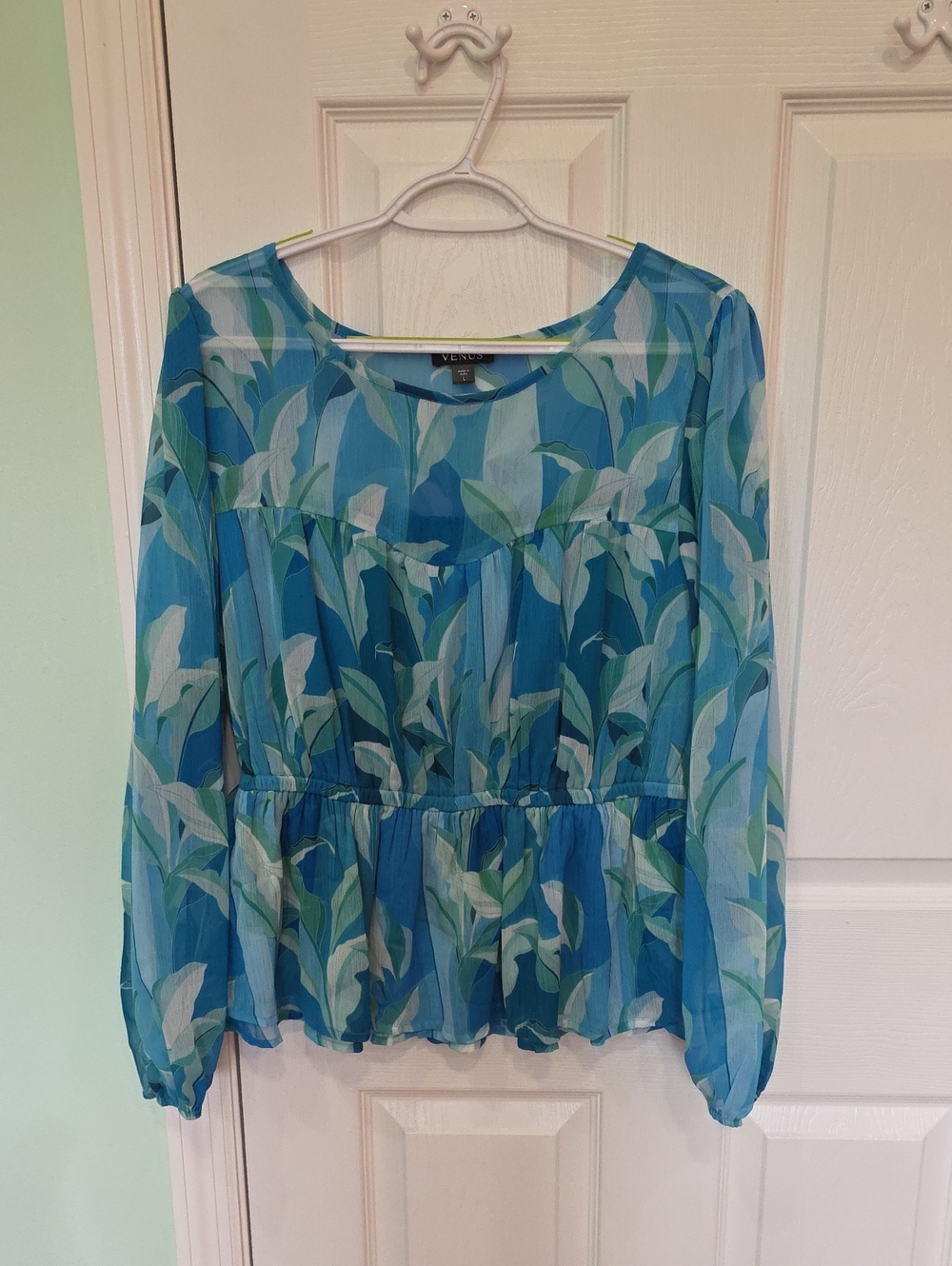 VENUS Blue & Green Floral Sheer Peplum Blouse